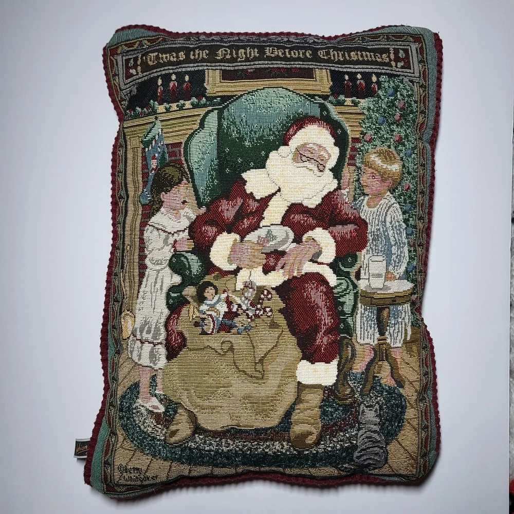 Betty Whitaker Christmas Tapestry Throw Pillow with Sleeping Santa Design